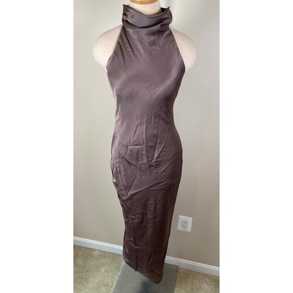 Anine Bing Eliana Silk Halterneck Maxi Dress in Iron Brown Size Small - Picture 3 of 9